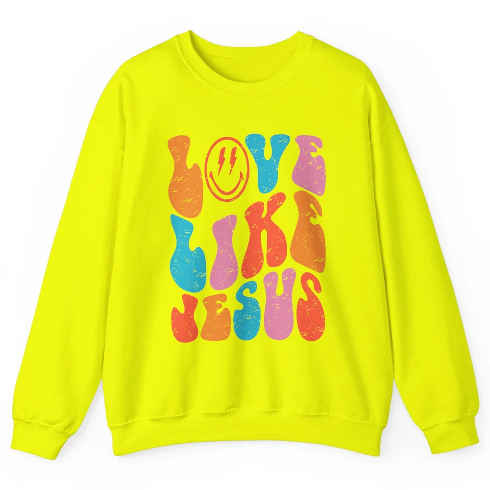 Retro Love Like Jesus Smiling Face Christian Religious Faith Unisex Crewneck Sweatshirt