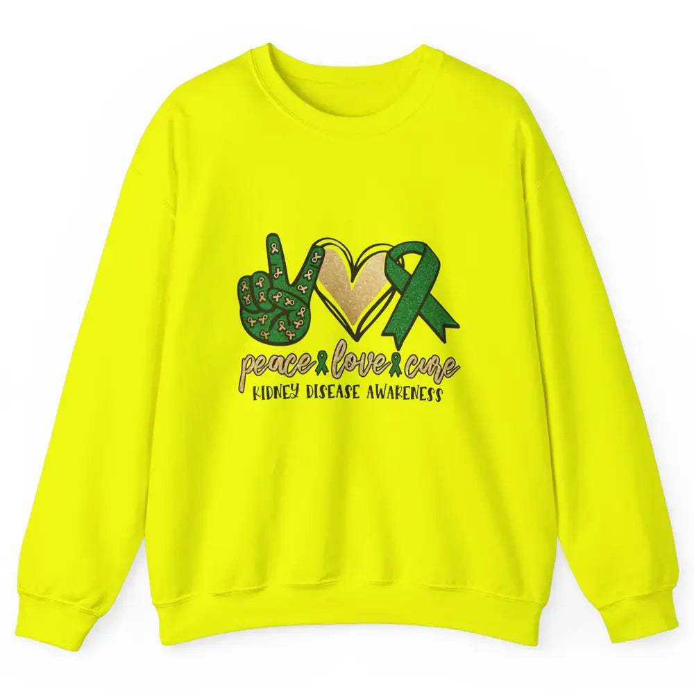 Peace Love Cure Kidney Disease Awareness Green Ribbon Heart Unisex Crewneck Sweatshirt