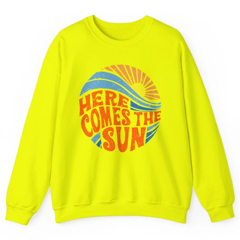 Retro Rainbow Sunrise Here Comes The Sun Hippie Girl Unisex Crewneck Sweatshirt