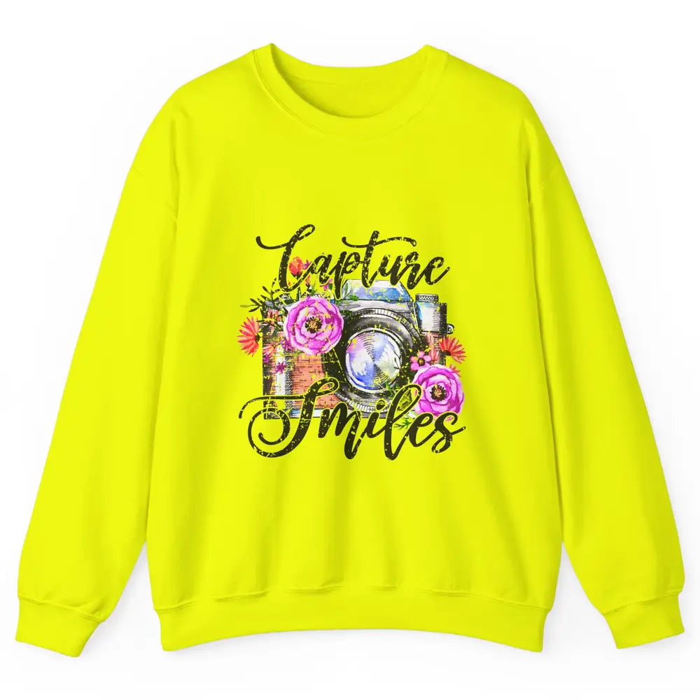 Photography Day Capture Smiles Retro Floral Camera Traveller Unisex Crewneck Sweatshirt