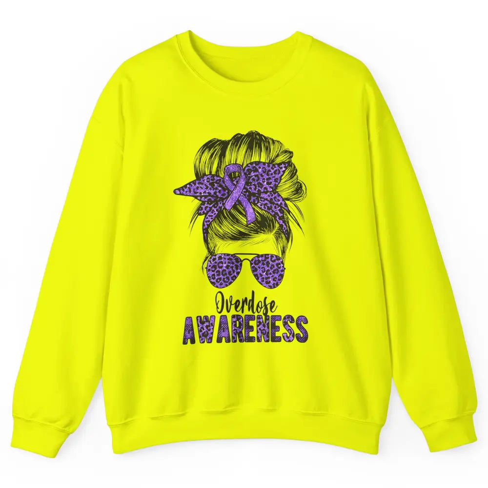 Overdose Awareness Messy Hair Bun Purple Leopard Warrior Unisex Crewneck Sweatshirt