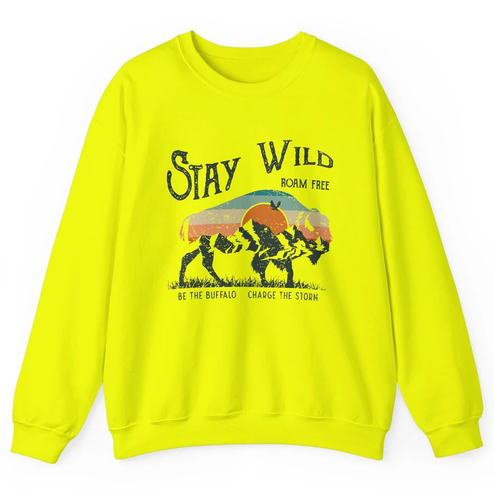 Retro Buffalo Mountain Sunset Stay Wild Roam Free Western Unisex Crewneck Sweatshirt
