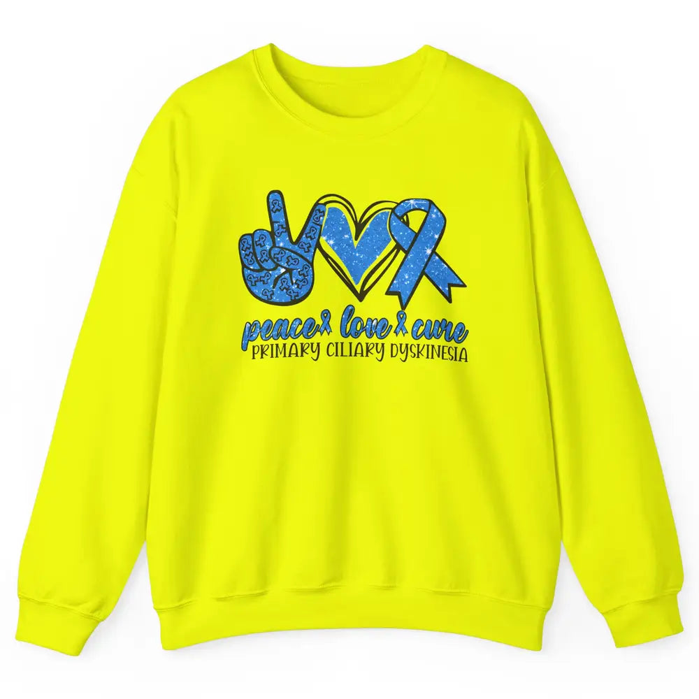 Primary Ciliary Dyskinesia Peace Love Cure Blue Ribbon Unisex Crewneck Sweatshirt