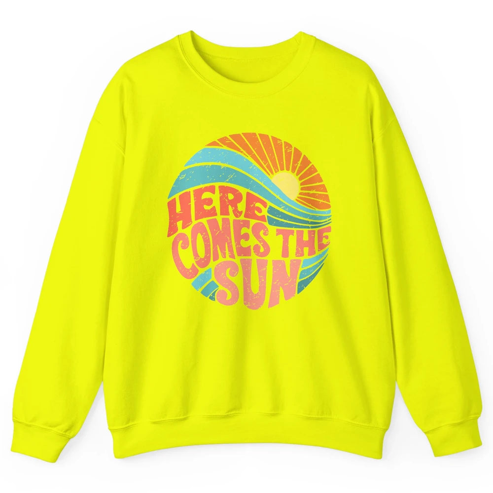 Retro Rainbow Sunrise Here Comes The Sun Hippie Girl Unisex Crewneck Sweatshirt