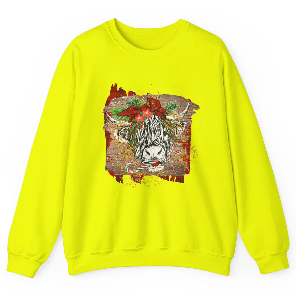 Christmas Highland Cow Bandana Western Christmas Cow Plaid Unisex Crewneck Sweatshirt