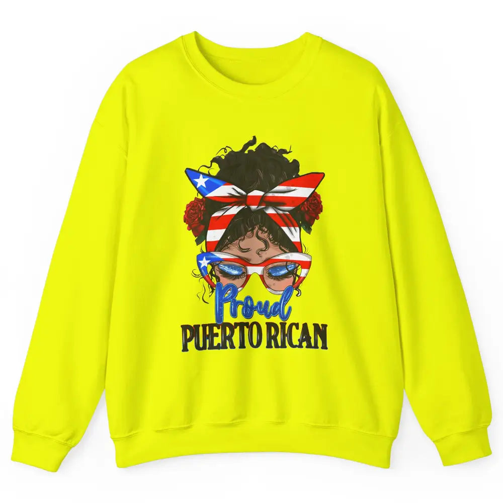 Proud Puerto Rican Girl Messy Bun Hair Puerto Rico Flag Unisex Crewneck Sweatshirt