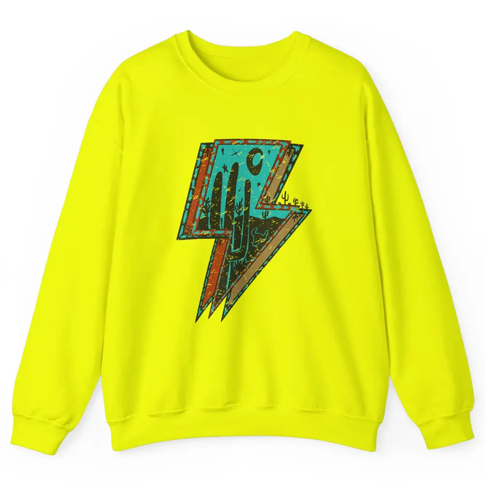Retro Desert Cactus Night Turquoise Lightning Bolt Western Unisex Crewneck Sweatshirt