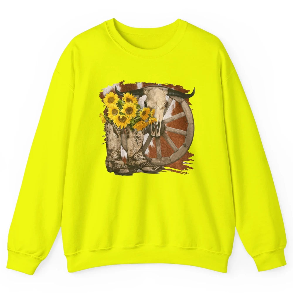 Retro Sunflower Cowgirl Boots Cow Skull Western Country Girl Unisex Crewneck Sweatshirt