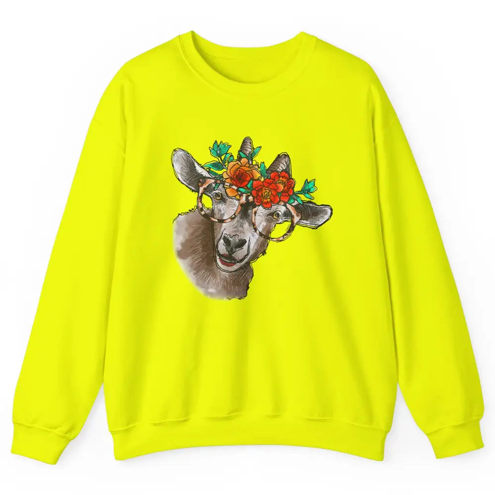 Retro Goat Glasses Flower Goat Girl Goat Lovers Gift Unisex Crewneck Sweatshirt