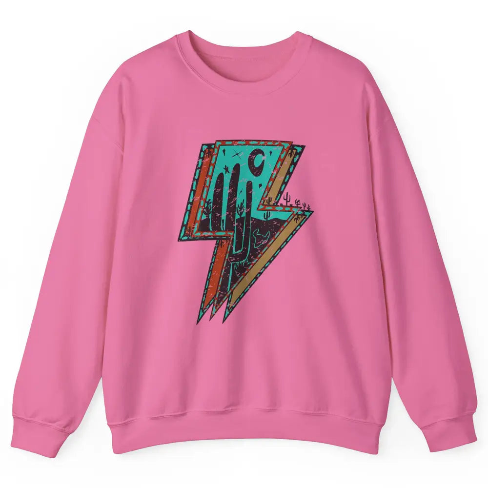 Retro Desert Cactus Night Turquoise Lightning Bolt Western Unisex Crewneck Sweatshirt