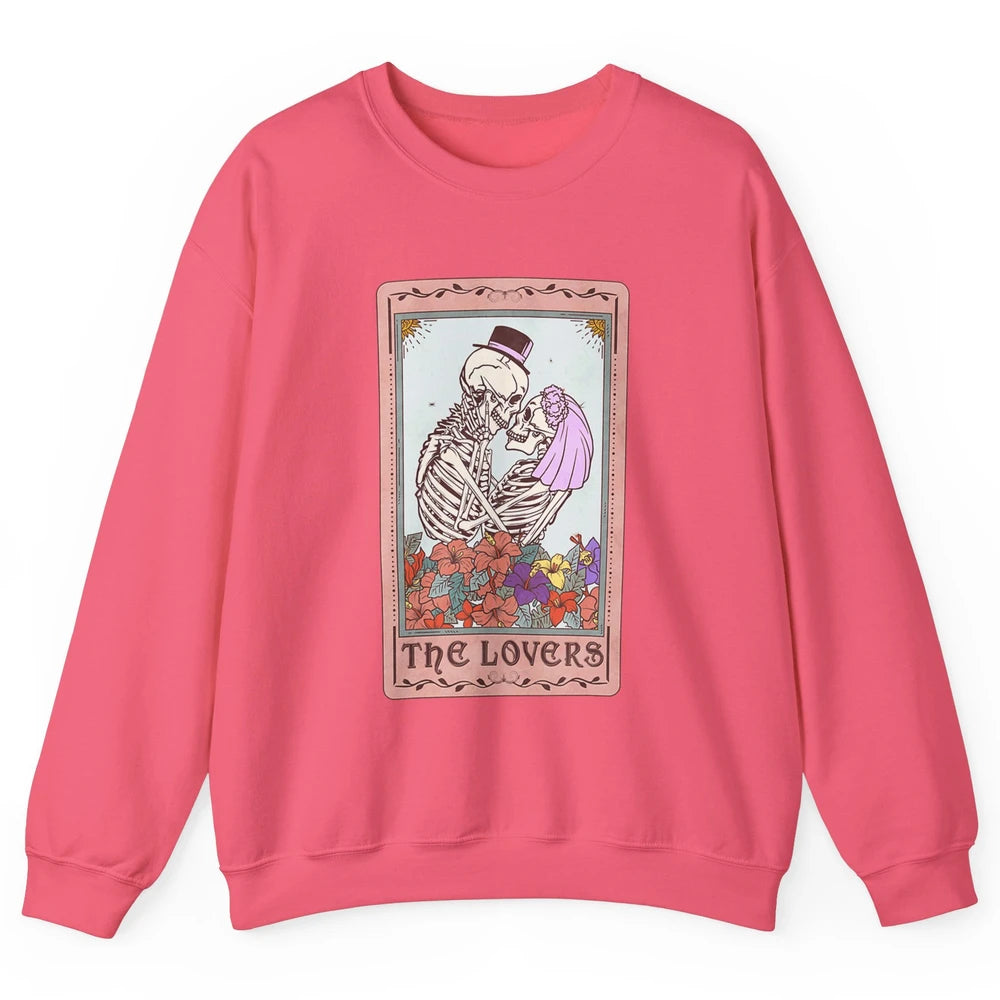 The Lovers Funny Skeleton Couple Tarot Card Vintage Valentine Astrology Goth Skull Lover Floral Heart Unisex Crewneck Sweatshirt