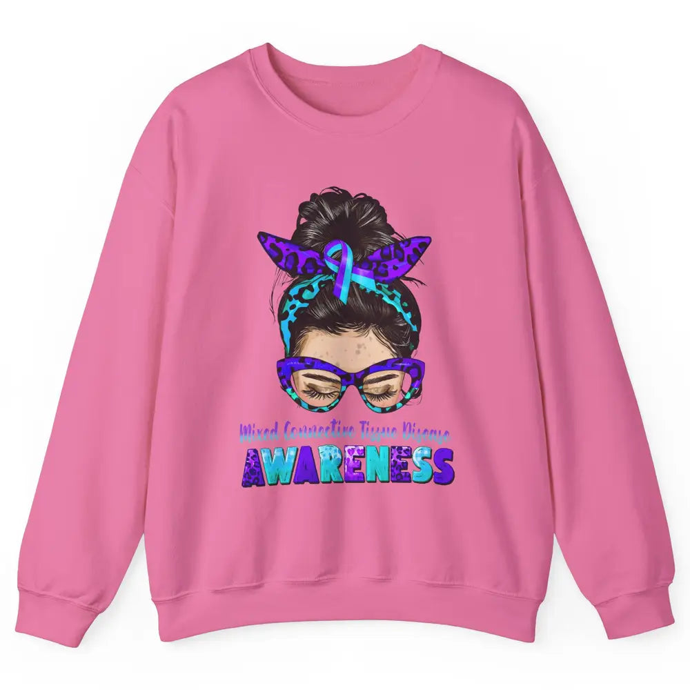 Mixed Connective Tissue Disease Ribbon Leopard Messy Bun Mom Unisex Crewneck Sweatshirt