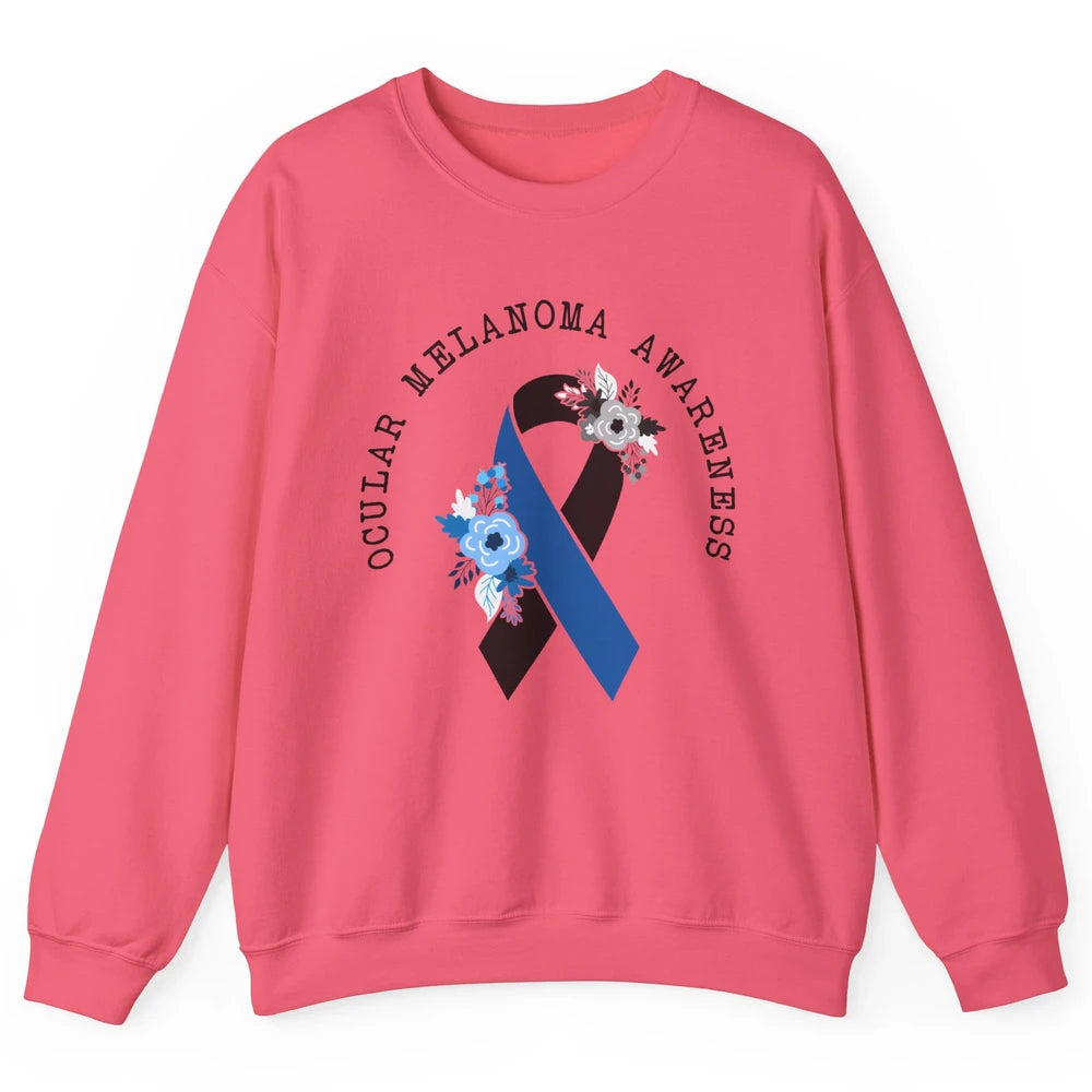 Ocular Melanoma Awareness Floral Black Blue Ribbon Rainbow Unisex Crewneck Sweatshirt
