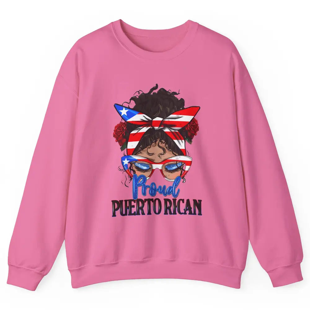Proud Puerto Rican Girl Messy Bun Hair Puerto Rico Flag Unisex Crewneck Sweatshirt