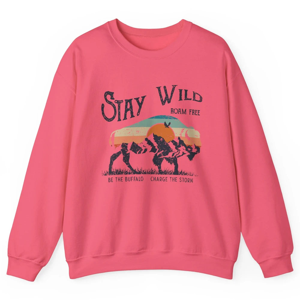 Retro Buffalo Mountain Sunset Stay Wild Roam Free Western Unisex Crewneck Sweatshirt