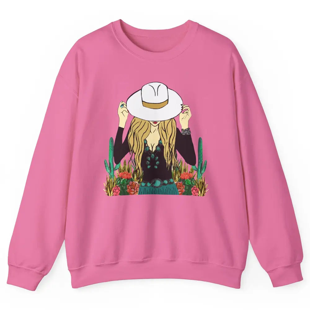 Retro Blonde Cowgirl Punchy Cowhide Turquoise Western Cowboy Unisex Crewneck Sweatshirt