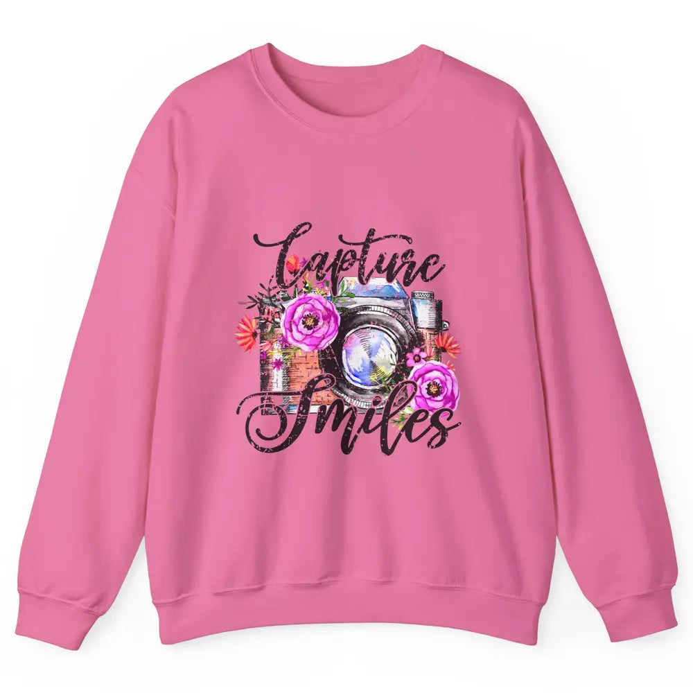 Photography Day Capture Smiles Retro Floral Camera Traveller Unisex Crewneck Sweatshirt