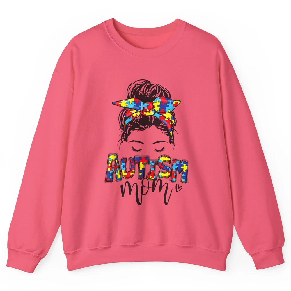 Autism Mom Messy Bun Hair Autism Awareness Puzzle Headband Unisex Crewneck Sweatshirt