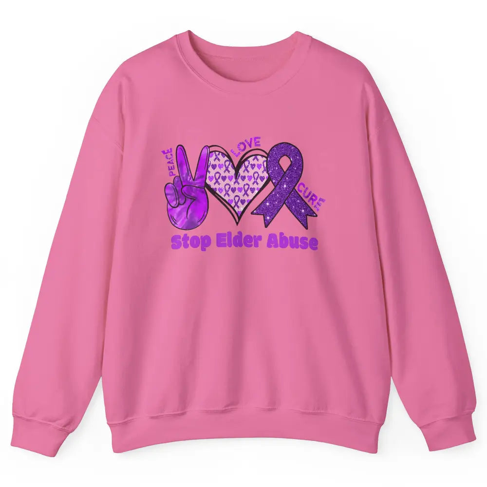 Peace Love Hope Heart Purple Ribbon Elder Abuse Awareness Unisex Crewneck Sweatshirt