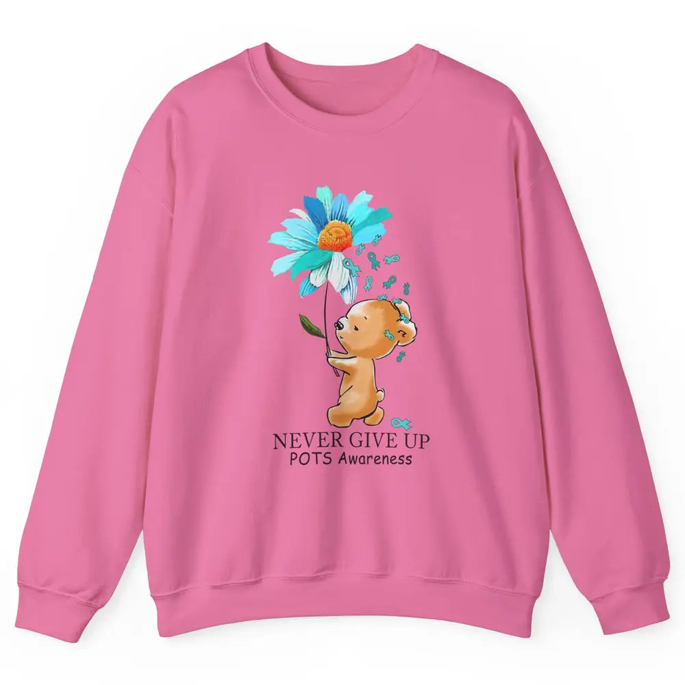 POTS Awareness Keep Going Daisy Bear Turquoise Sunflower Unisex Crewneck Sweatshirt
