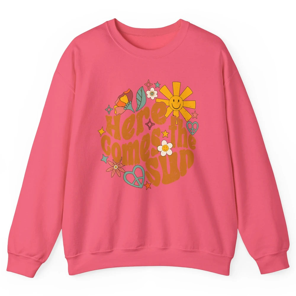 Retro Daisy Rainbow Sunrise Here Comes The Sun Hippie Girl Unisex Crewneck Sweatshirt