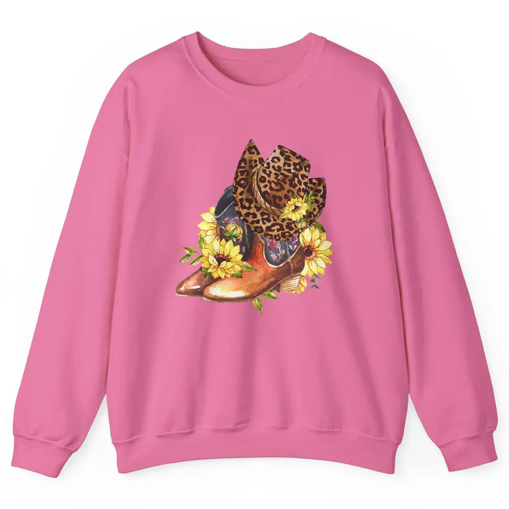 Retro Leopard Cowboy Boots Let's Go Girls Western Cowgirls Unisex Crewneck Sweatshirt
