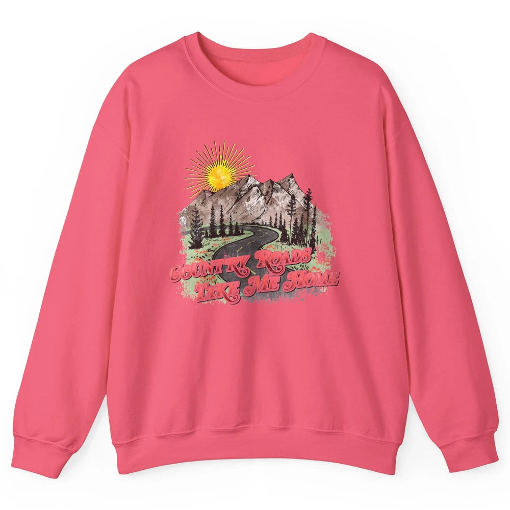 Retro Mountain Sunset Country Roads Take Me Home Western Unisex Crewneck Sweatshirt
