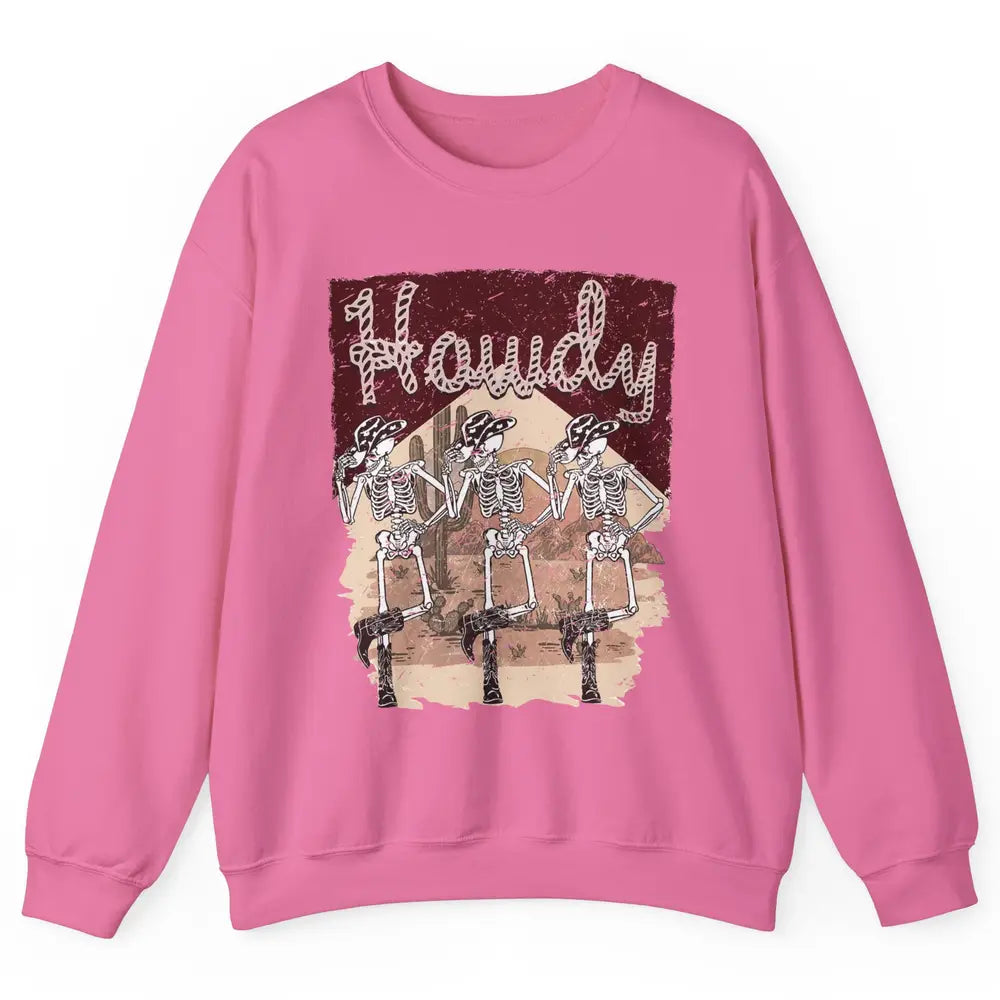 Retro Desert Cowboy Skeleton Dancing Howdy Western Halloween Unisex Crewneck Sweatshirt