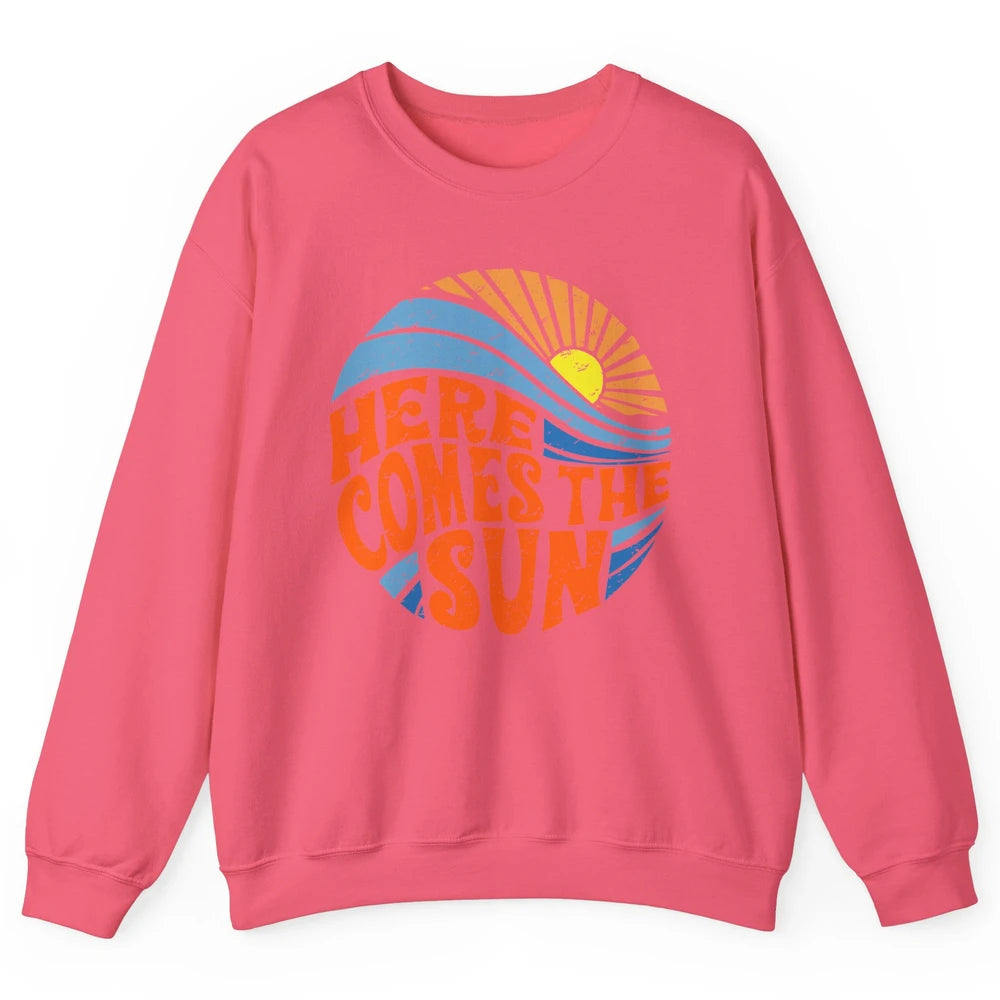 Retro Rainbow Sunrise Here Comes The Sun Hippie Girl Unisex Crewneck Sweatshirt