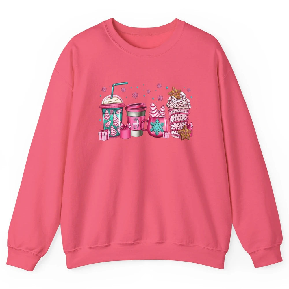 Pink Christmas Coffee Christmas Tree Cake Christmas Lovers Unisex Crewneck Sweatshirt