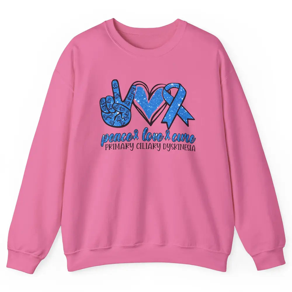 Primary Ciliary Dyskinesia Peace Love Cure Blue Ribbon Unisex Crewneck Sweatshirt