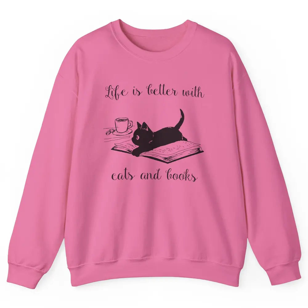 Retro Life Is Better With Cats And Books Reading Lovers Unisex Crewneck Sweatshirt