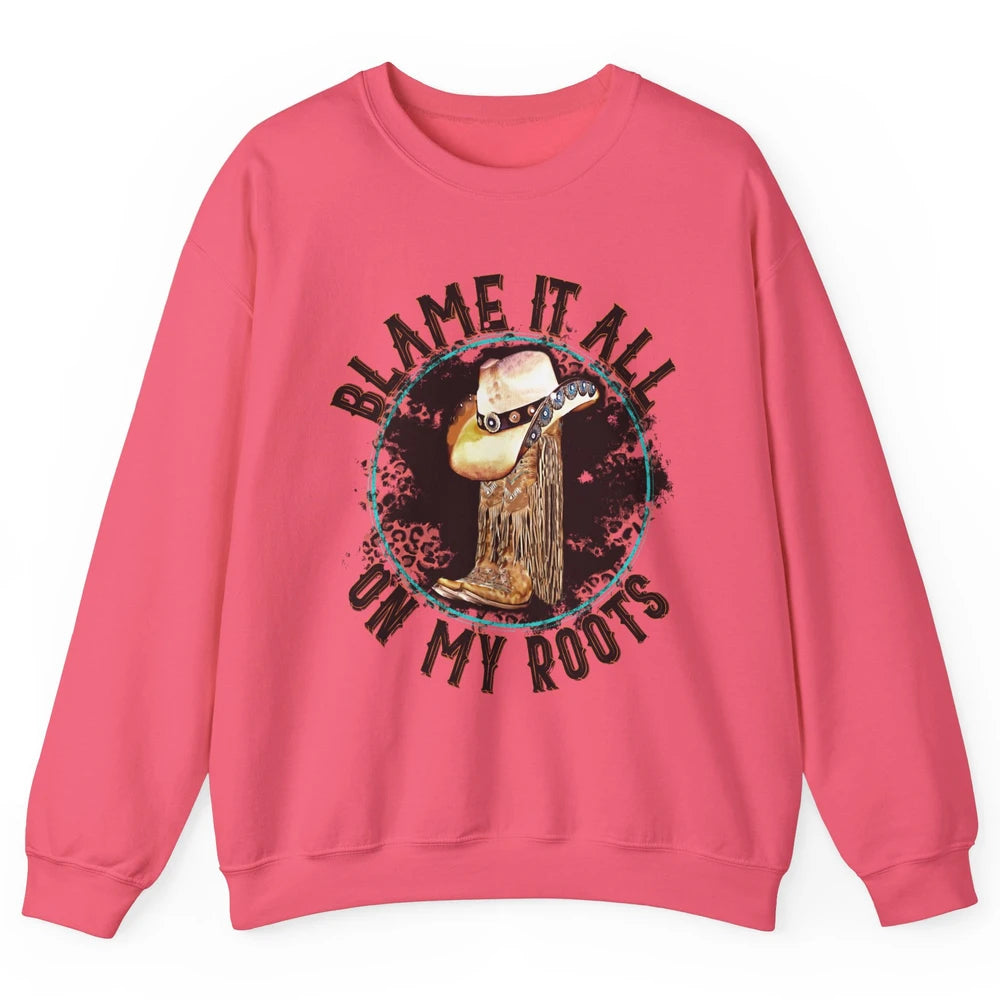 Retro Leopard Cowboy Boots Blame It On My Roots Western Girl Unisex Crewneck Sweatshirt