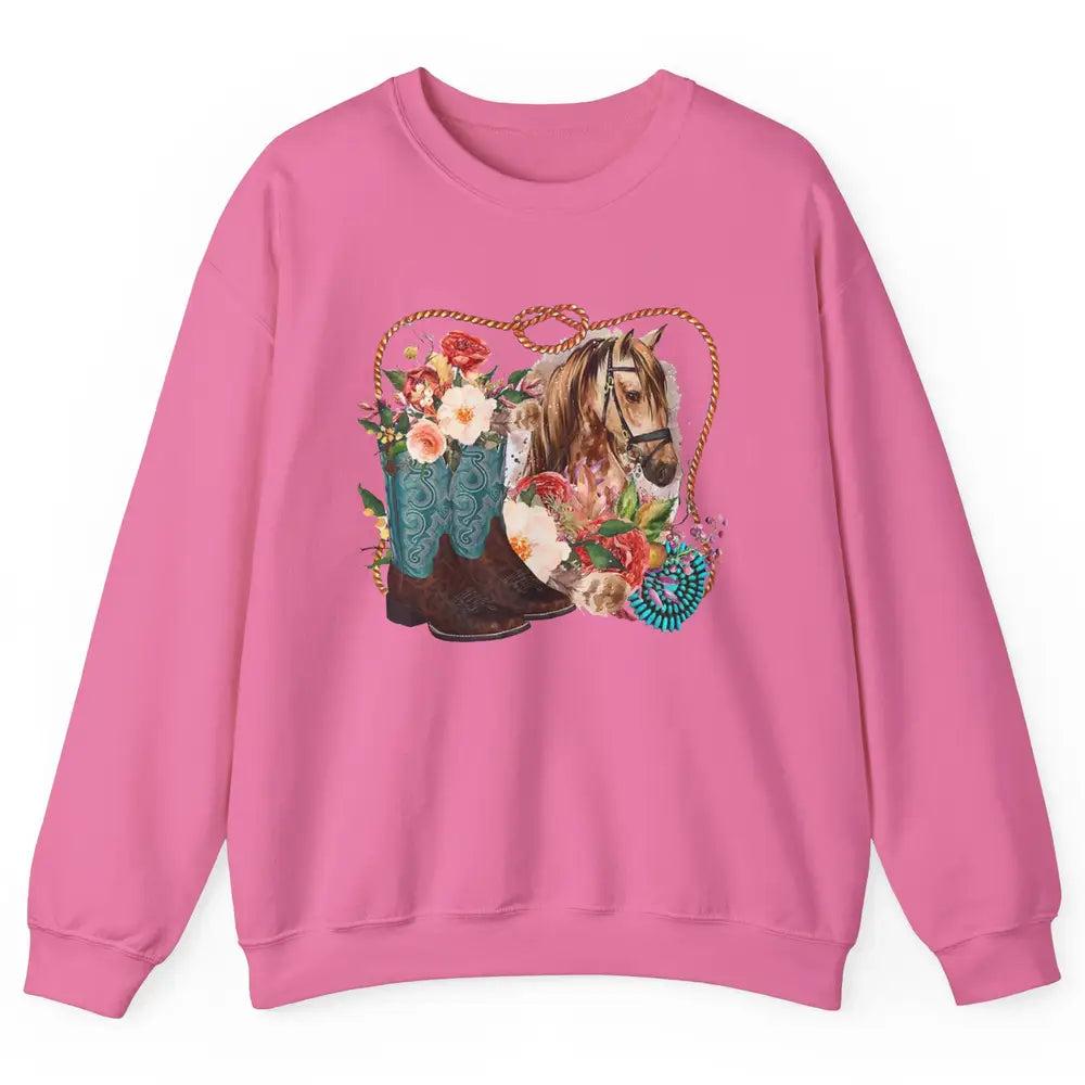 Retro Floral Cowboy Boots And Horse Western Country Cowgirl Unisex Crewneck Sweatshirt