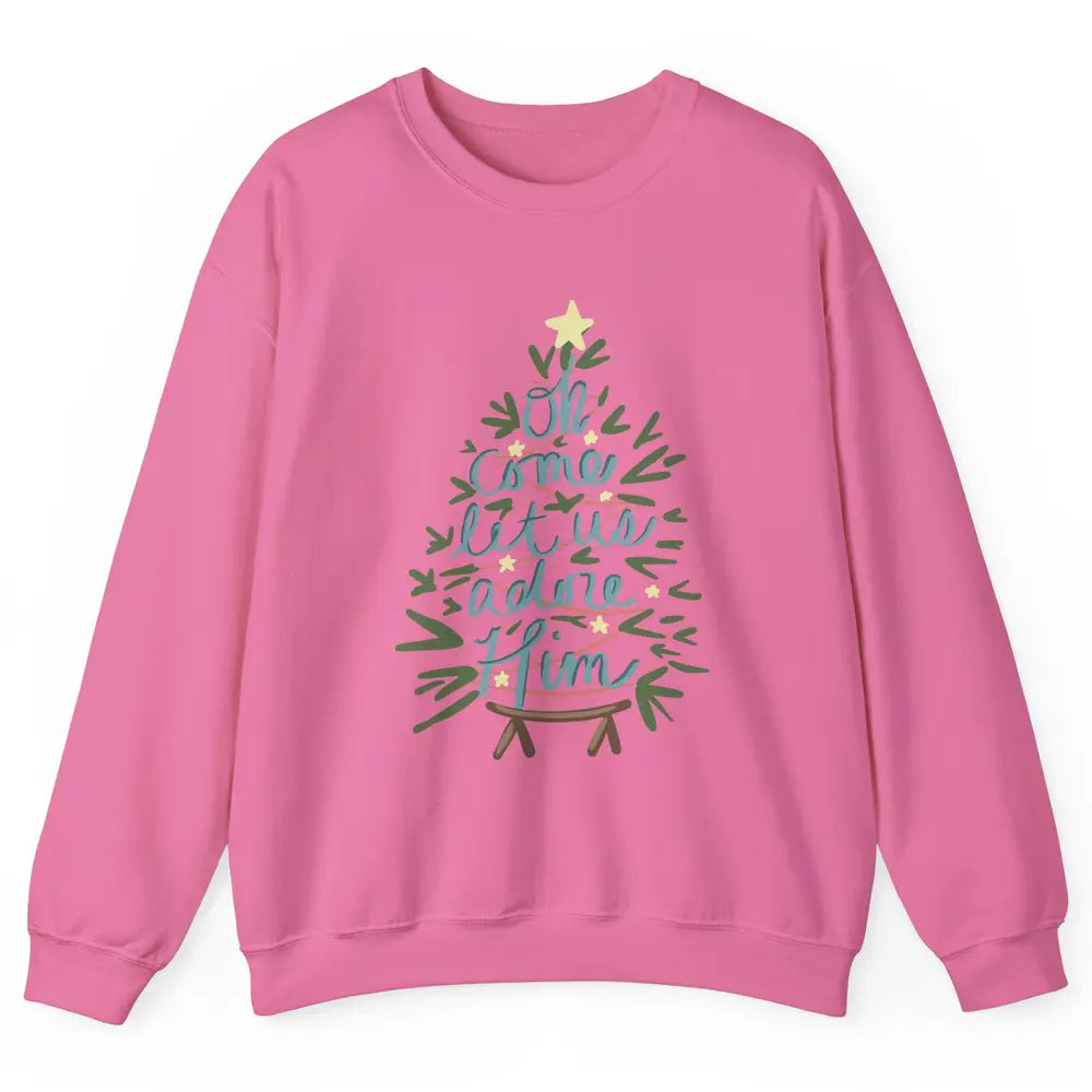 Oh Come Let Us Adore Him Groovy Christmas Tree Church Xmas Unisex Crewneck Sweatshirt