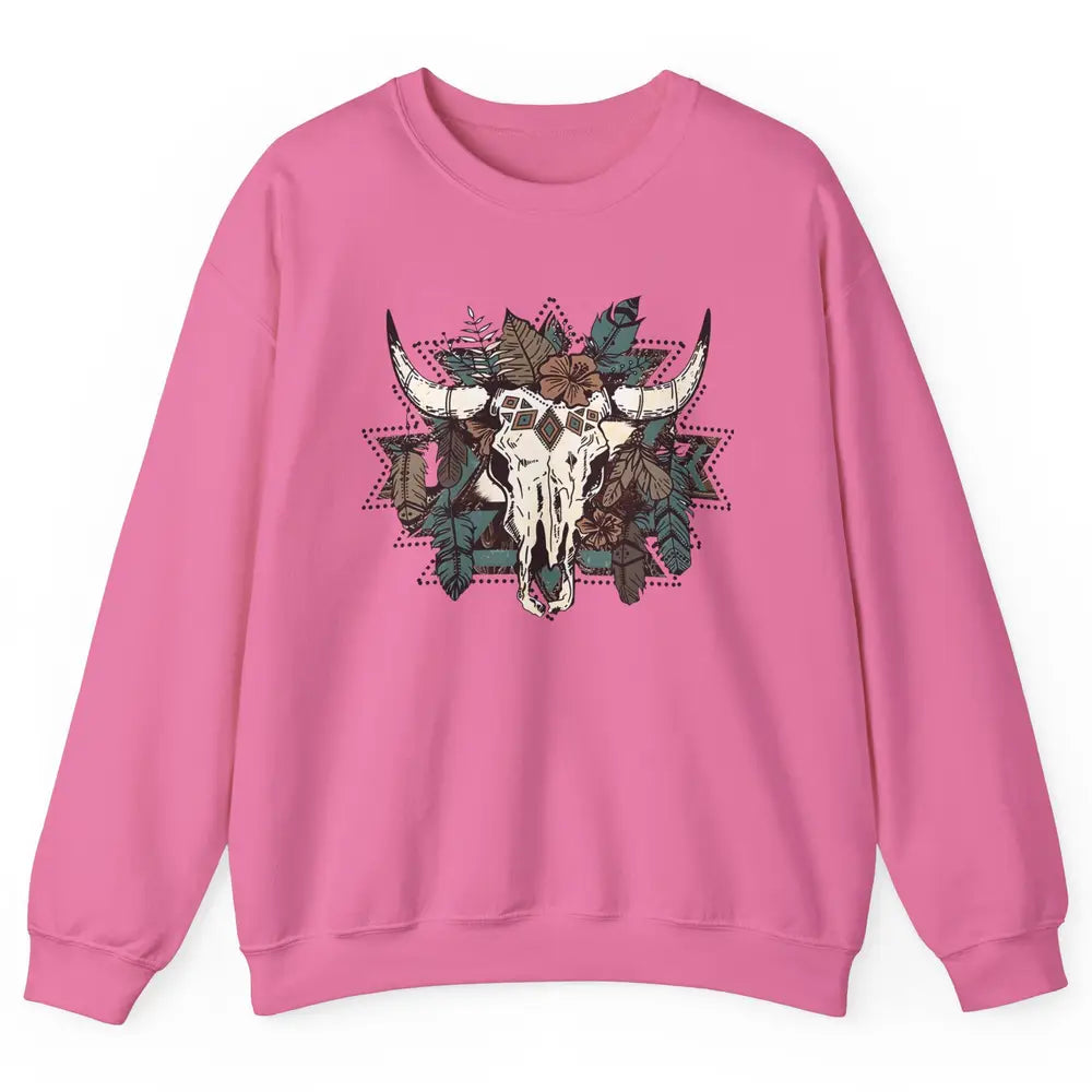 Retro Boho Bull Skull Aztec Desert Cactus Western Country Unisex Crewneck Sweatshirt