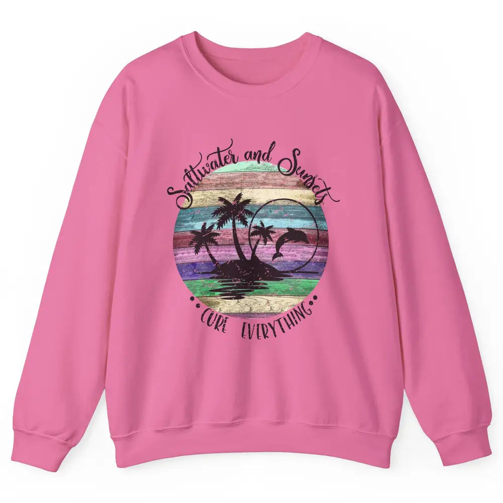 Retro Beach Sunset Saltwater and Sunsets Cure Everything Unisex Crewneck Sweatshirt