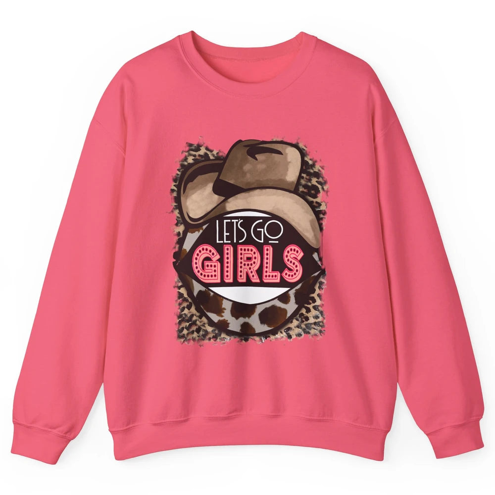 Retro Leopard Cowboy Hat Let's Go Girls Western Cowgirls Unisex Crewneck Sweatshirt