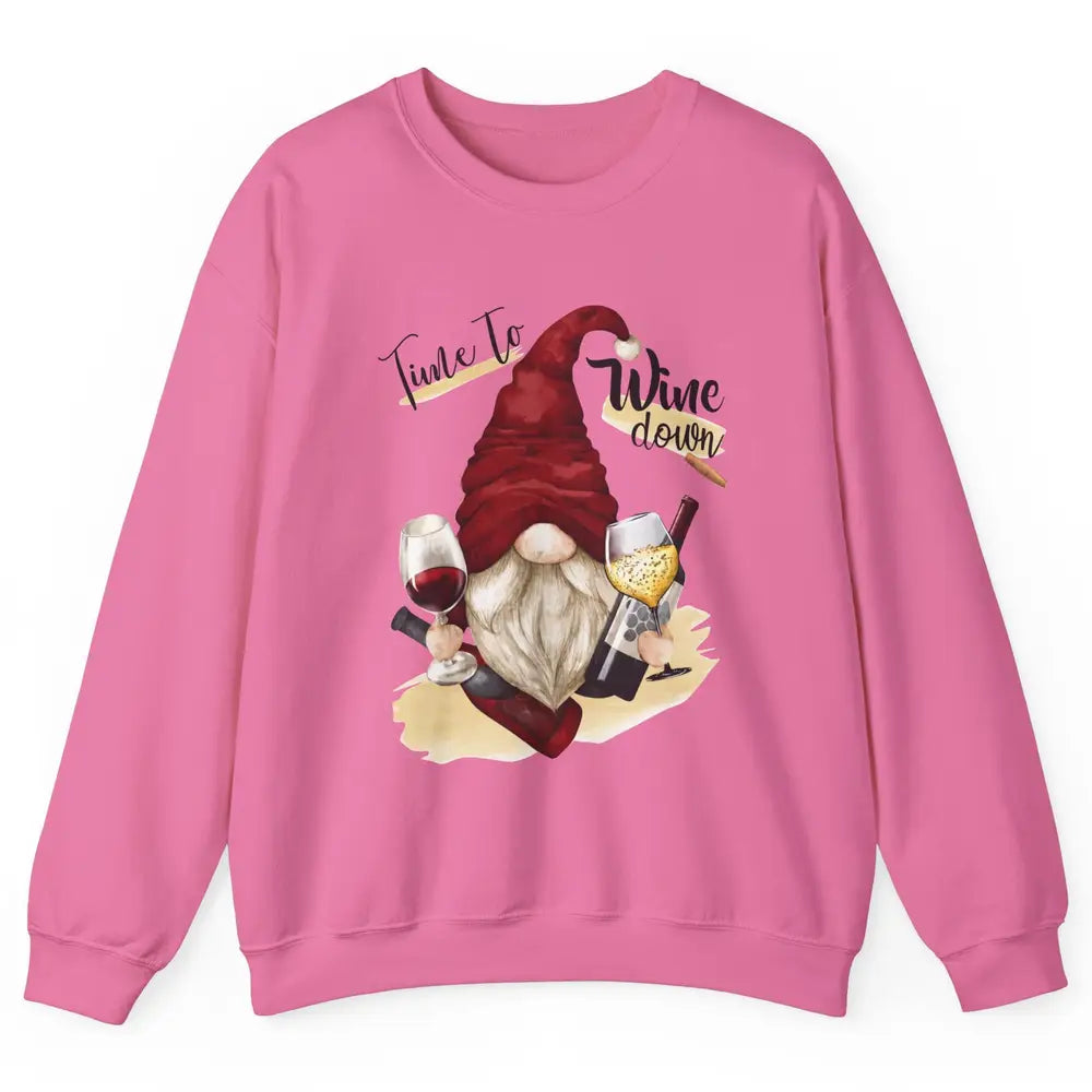 Christmas Gnome Wine It's Time to Wine Down Winter Holiday Unisex Crewneck Sweatshirt
