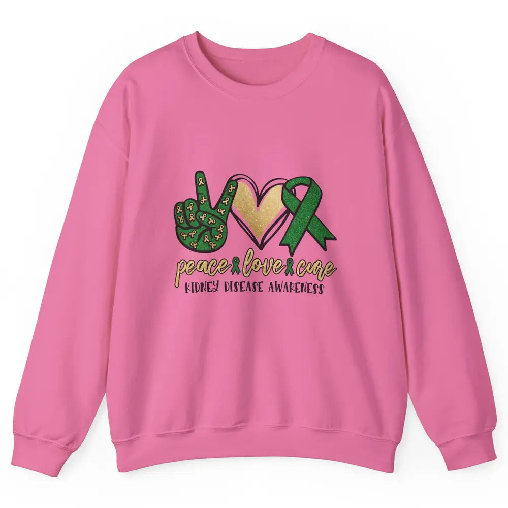 Peace Love Cure Kidney Disease Awareness Green Ribbon Heart Unisex Crewneck Sweatshirt