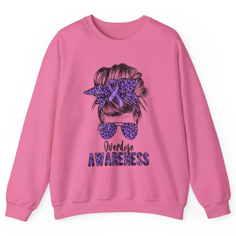 Overdose Awareness Messy Hair Bun Purple Leopard Warrior Unisex Crewneck Sweatshirt