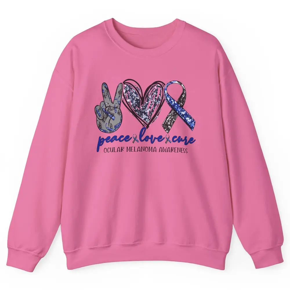 Ocular Melanoma Awareness Peace Love Cure Blue Ribbon Unisex Crewneck Sweatshirt