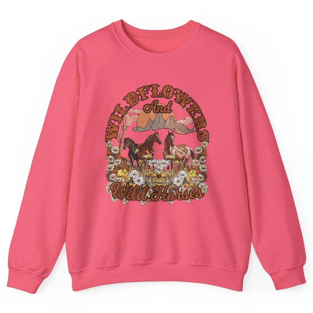 Retro Floral Desert Wildflowers Wild Horses Western Country Unisex Crewneck Sweatshirt
