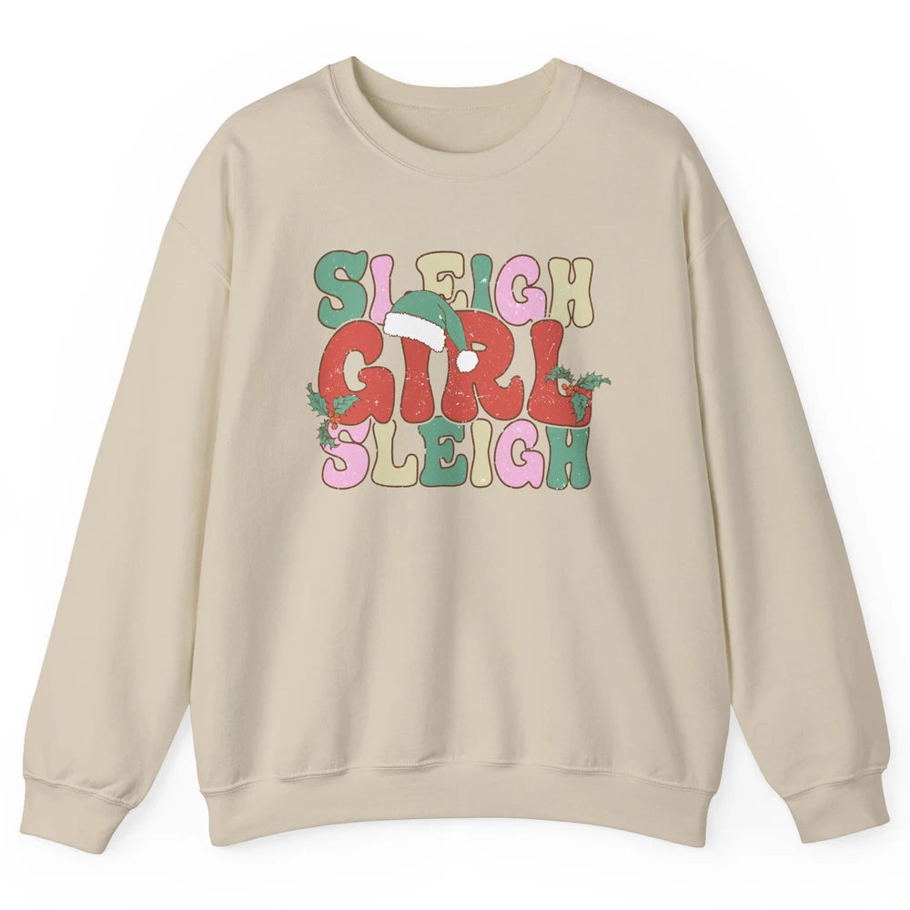Retro Groovy Christmas Sleigh Girl Sleigh Santa Hat Winter Unisex Crewneck Sweatshirt