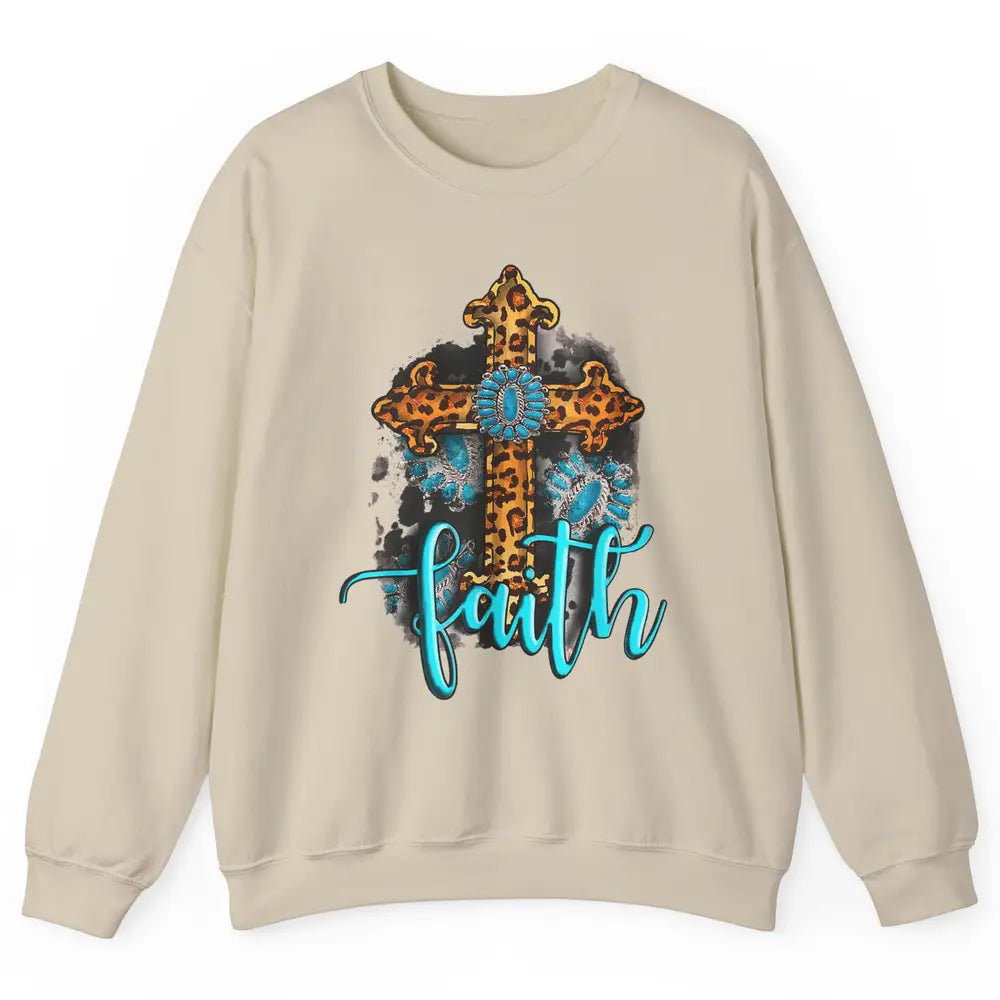 Western Gemstone Leopard Turquoise Cross Faith Jesus God Unisex Crewneck Sweatshirt