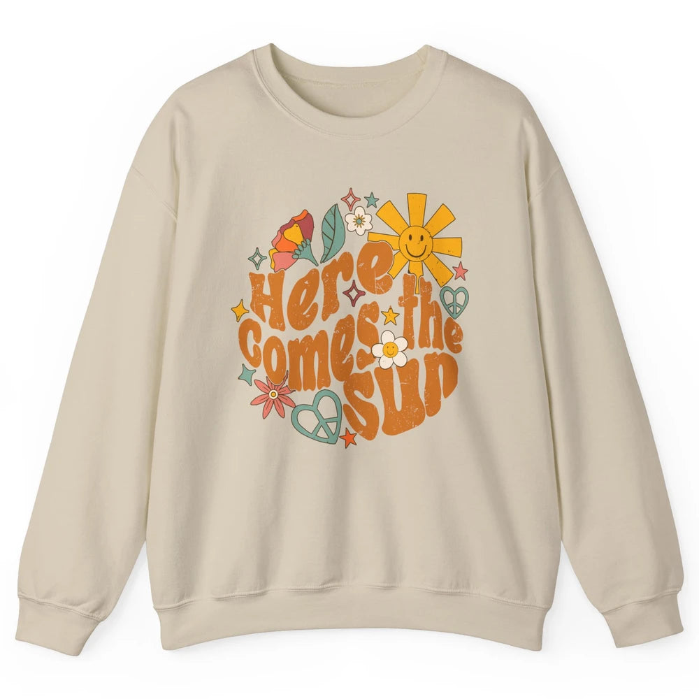 Retro Daisy Rainbow Sunrise Here Comes The Sun Hippie Girl Unisex Crewneck Sweatshirt