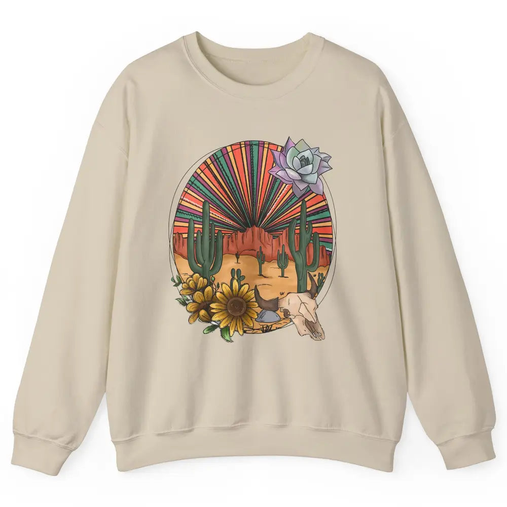 Retro Desert Western Cowboy Boho Skull Cactus Country Cowboy Unisex Crewneck Sweatshirt
