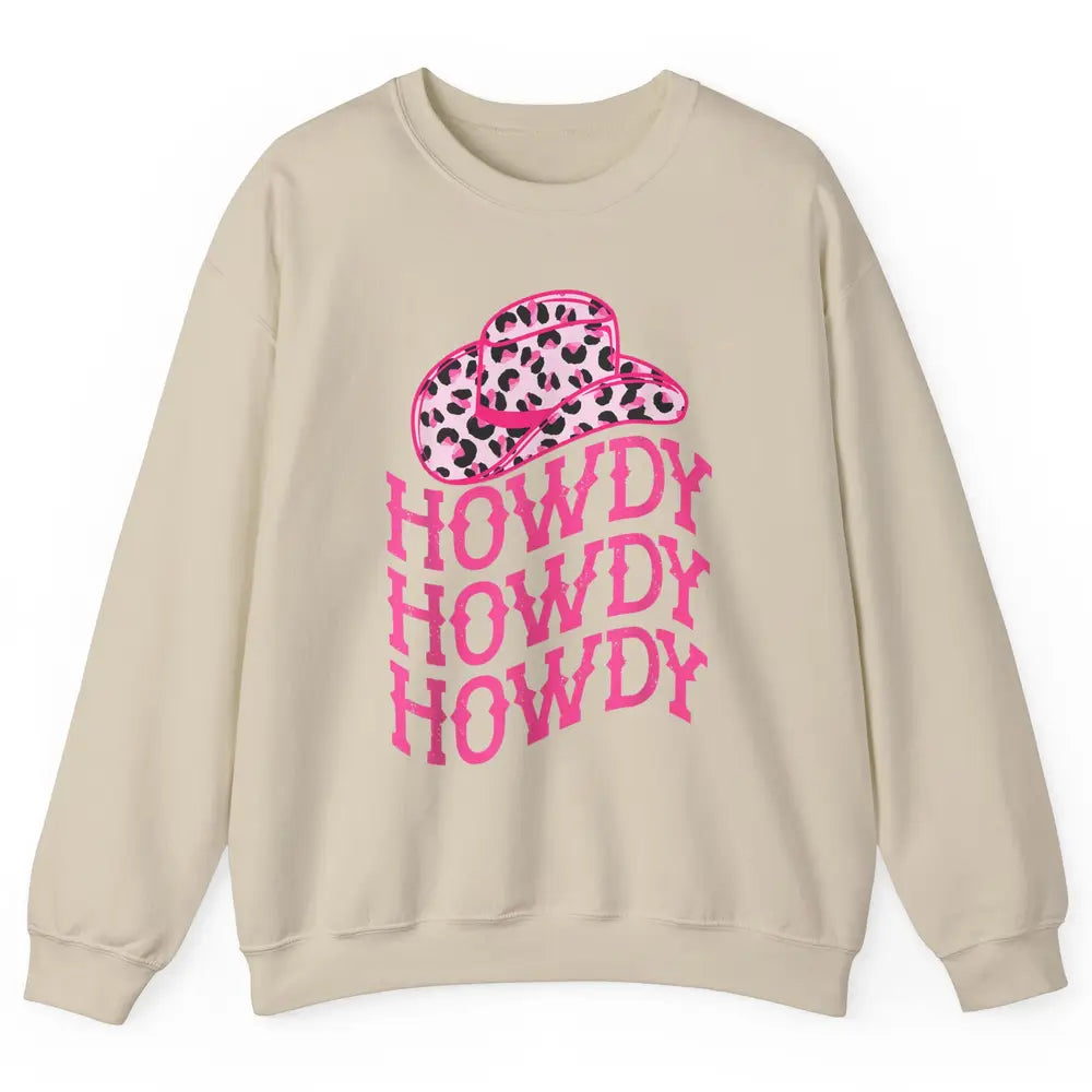 Retro Pink Leopard Cowboy Hat Howdy Western Texas Cowgirl Unisex Crewneck Sweatshirt