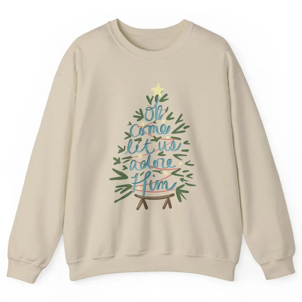 Oh Come Let Us Adore Him Groovy Christmas Tree Church Xmas Unisex Crewneck Sweatshirt