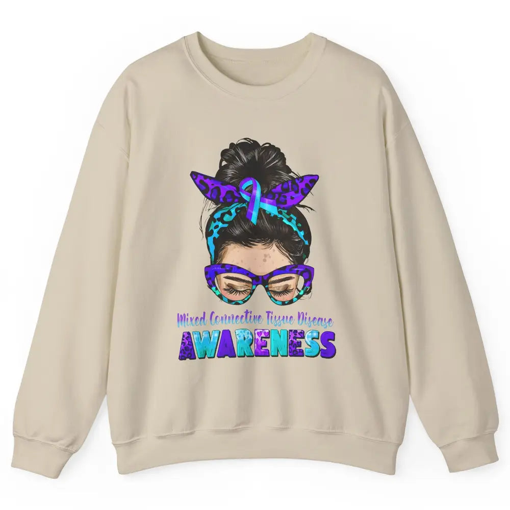 Mixed Connective Tissue Disease Ribbon Leopard Messy Bun Mom Unisex Crewneck Sweatshirt